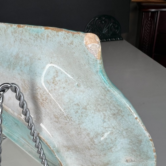 Antique Majolica Banana Leaf Basketweave Bread Serving Tray Blue Glaze 19th C - Picture 3 of 16